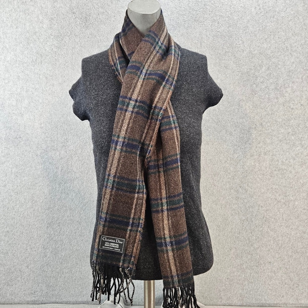 Christian Dior Vintage Brown Plaid Lambswool Scarf Made in England Fringed